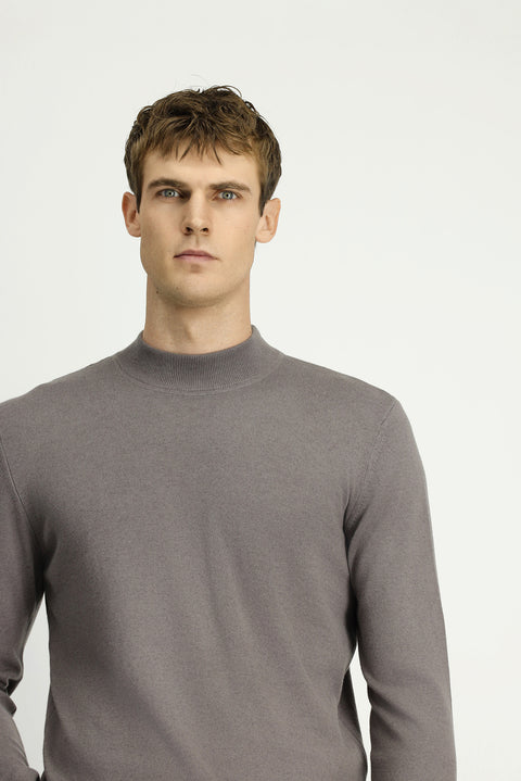 Medium Grey Melange Half Turtleneck Regular Fit Cotton Cashmere Knit Sweater