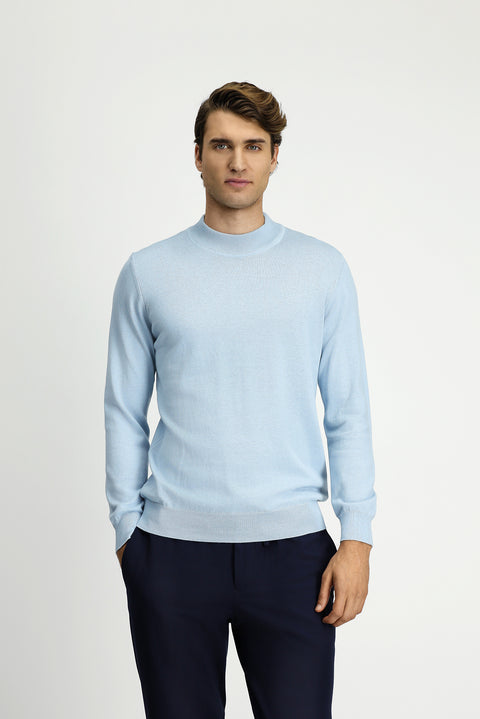 Light Blue Semi-Turtleneck Regular Fit Cotton Cashmere Knit Sweater
