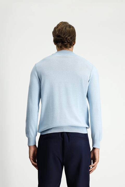 Light Blue Semi-Turtleneck Regular Fit Cotton Cashmere Knit Sweater