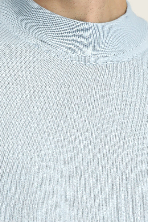 Light Blue Semi-Turtleneck Regular Fit Cotton Cashmere Knit Sweater