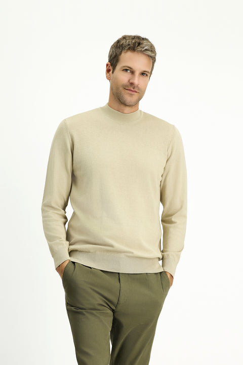 Medium Beige Half Turtleneck Regular Fit Cotton Cashmere Knit Sweater