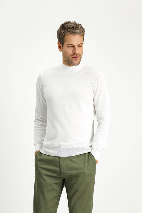 Off-White Semi-Turtleneck Regular Fit Cotton Cashmere Knit Sweater