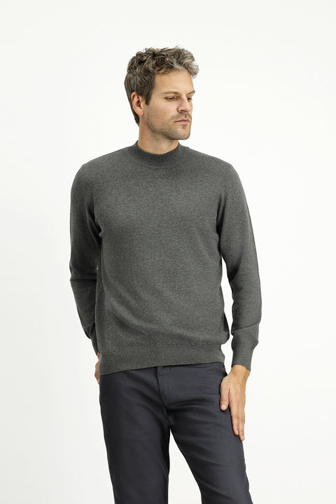 Medium Anthracite Melange Semi-Turtleneck Regular Fit Cotton Cashmere Knit Sweater
