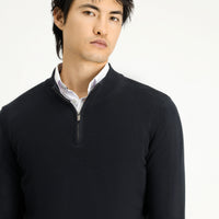 Black Half Turtleneck Regular Fit Zip-Up Cashmere Knit Sweater