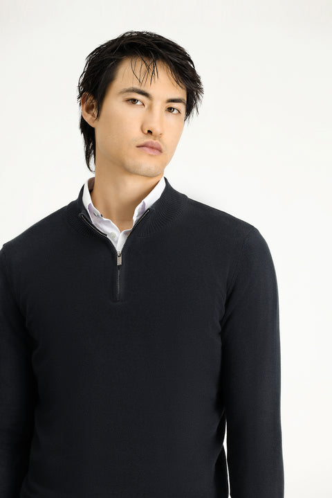 Black Half Turtleneck Regular Fit Zip-Up Cashmere Knit Sweater