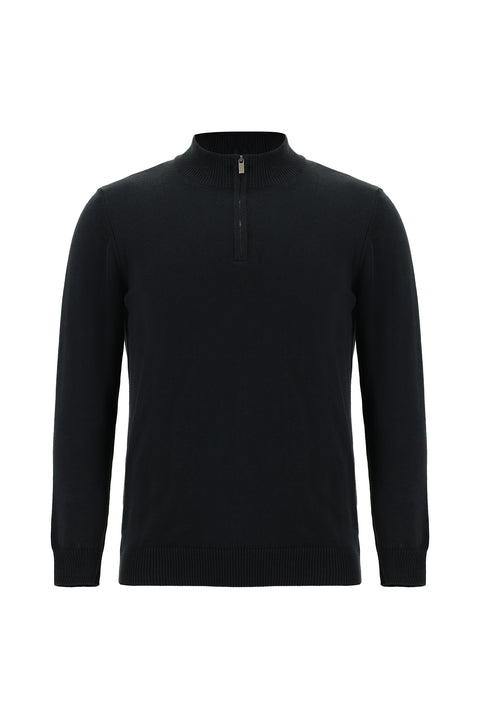 Black Half Turtleneck Regular Fit Zip-Up Cashmere Knit Sweater