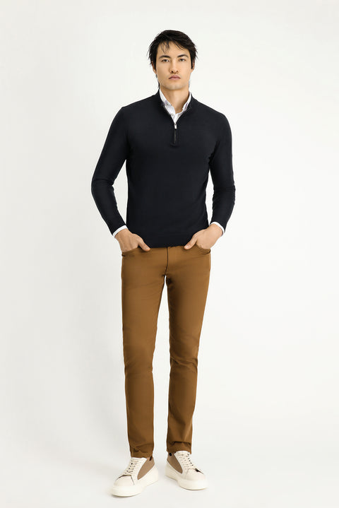 Black Half Turtleneck Regular Fit Zip-Up Cashmere Knit Sweater