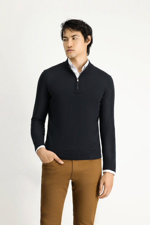 Black Half Turtleneck Regular Fit Zip-Up Cashmere Knit Sweater