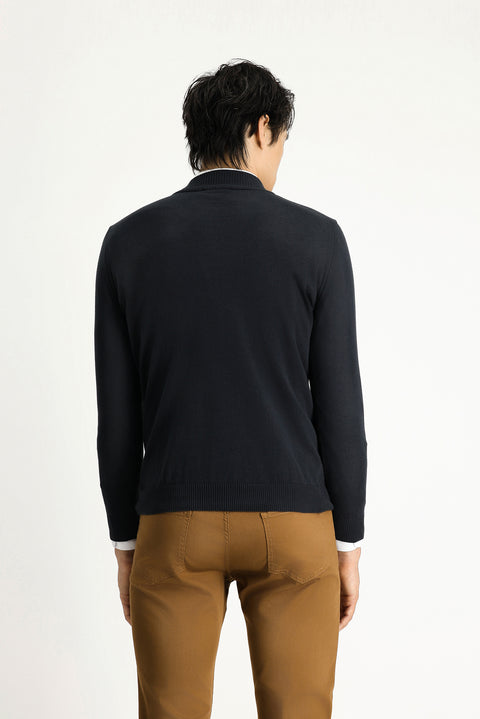 Black Half Turtleneck Regular Fit Zip-Up Cashmere Knit Sweater