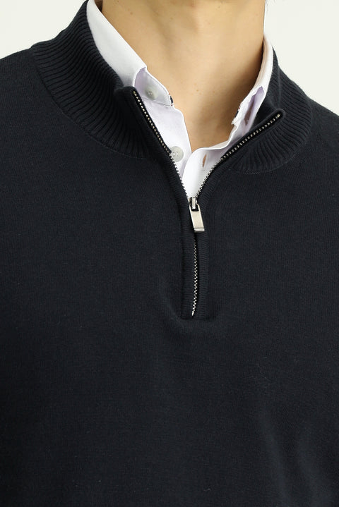 Black Half Turtleneck Regular Fit Zip-Up Cashmere Knit Sweater
