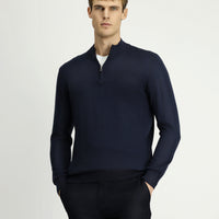 Dark Navy Half Turtleneck Regular Fit Zip-Up Cashmere Knit Sweater