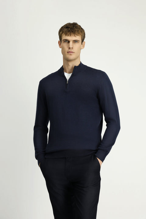 Dark Navy Half Turtleneck Regular Fit Zip-Up Cashmere Knit Sweater