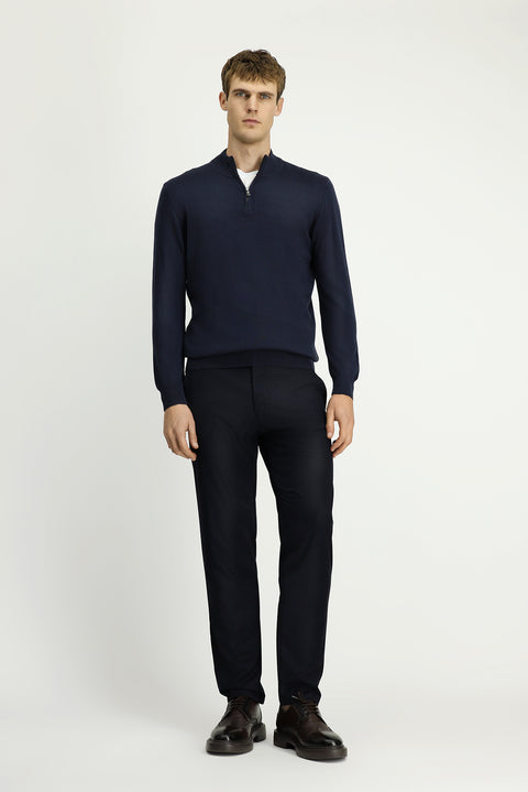 Dark Navy Half Turtleneck Regular Fit Zip-Up Cashmere Knit Sweater