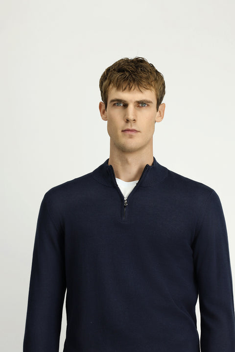 Dark Navy Half Turtleneck Regular Fit Zip-Up Cashmere Knit Sweater
