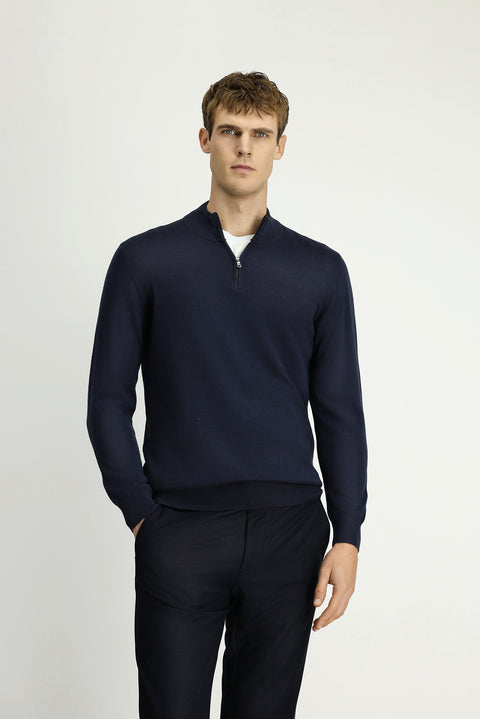 Dark Navy Half Turtleneck Regular Fit Zip-Up Cashmere Knit Sweater