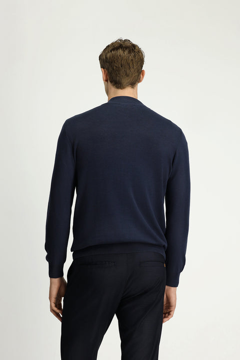 Dark Navy Half Turtleneck Regular Fit Zip-Up Cashmere Knit Sweater