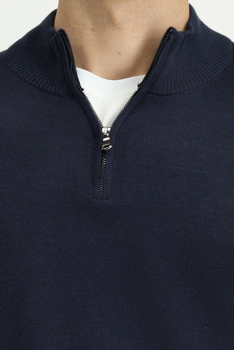 Dark Navy Half Turtleneck Regular Fit Zip-Up Cashmere Knit Sweater
