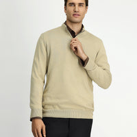 Medium Beige Half Turtleneck Regular Fit Zip-Up Cashmere Knit Sweater