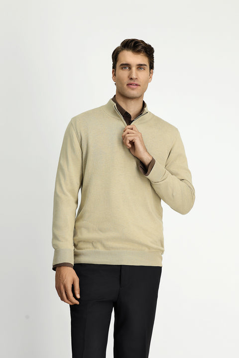 Medium Beige Half Turtleneck Regular Fit Zip-Up Cashmere Knit Sweater