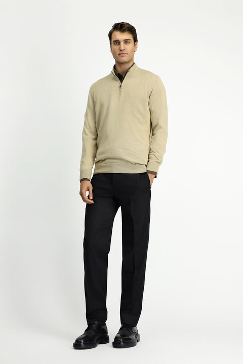 Medium Beige Half Turtleneck Regular Fit Zip-Up Cashmere Knit Sweater