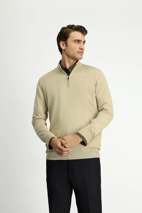 Medium Beige Half Turtleneck Regular Fit Zip-Up Cashmere Knit Sweater