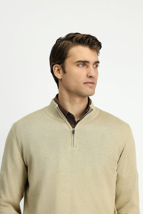 Medium Beige Half Turtleneck Regular Fit Zip-Up Cashmere Knit Sweater