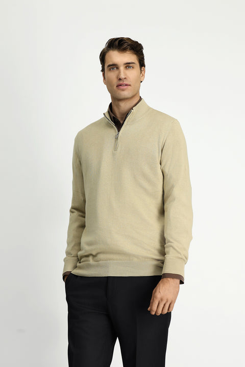 Medium Beige Half Turtleneck Regular Fit Zip-Up Cashmere Knit Sweater
