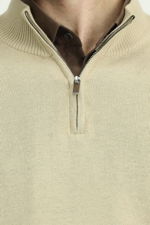 Medium Beige Half Turtleneck Regular Fit Zip-Up Cashmere Knit Sweater