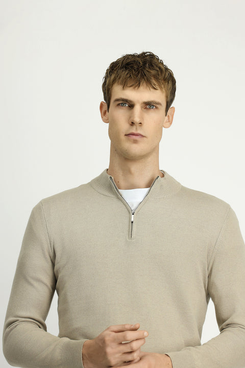 Medium Mink Half Turtleneck Regular Fit Zip-Up Cashmere Knit Sweater