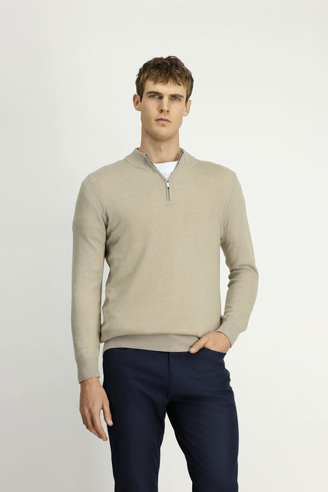 Medium Mink Half Turtleneck Regular Fit Zip-Up Cashmere Knit Sweater