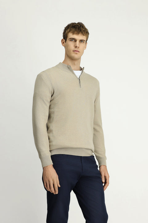 Medium Mink Half Turtleneck Regular Fit Zip-Up Cashmere Knit Sweater