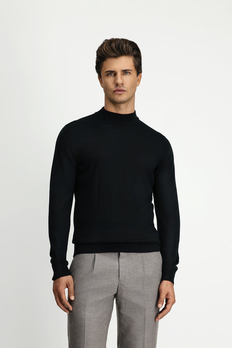 Black Half Turtleneck Regular Fit Wool Basic Knitted Sweater