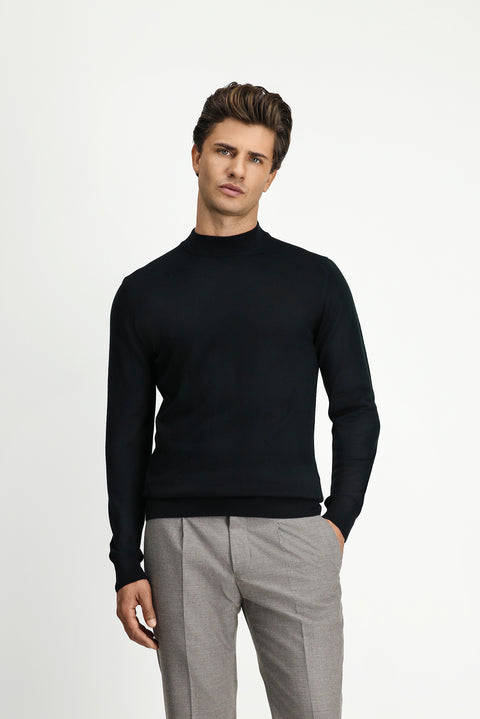 Black Half Turtleneck Regular Fit Wool Basic Knitted Sweater