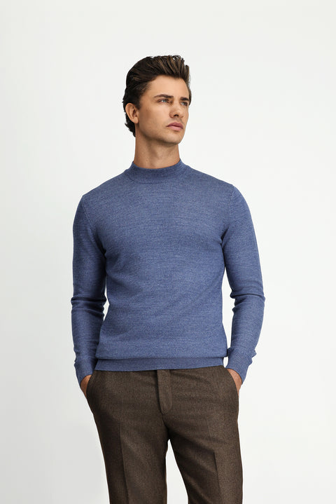 Indigo Melange Half Turtleneck Regular Fit Wool Basic Knitted Sweater