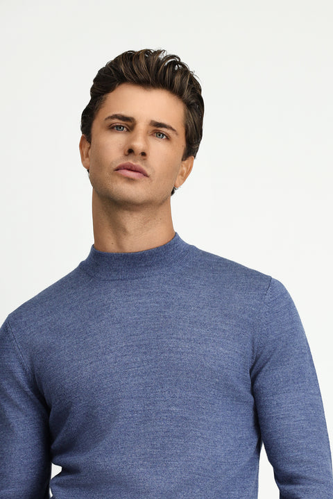 Indigo Melange Half Turtleneck Regular Fit Wool Basic Knitted Sweater