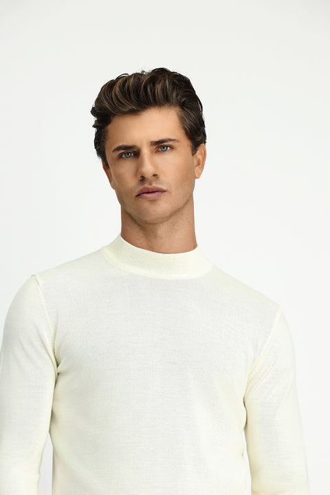 Ekru Yarım Balıkçı Yaka Regular Fit Yünlü Basic Örme Triko Kazak