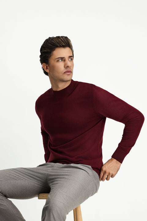 Koyu Bordo Yarım Balıkçı Yaka Regular Fit Yünlü Basic Örme Triko Kazak