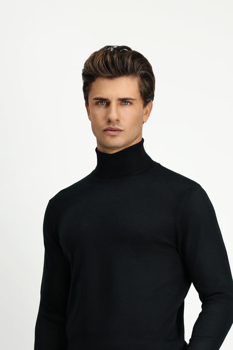 Black Turtleneck Regular Fit Warm Wool Knit Sweater