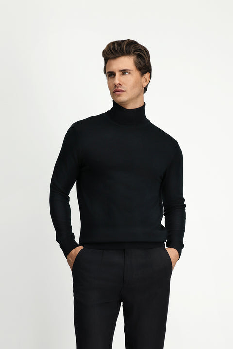 Black Turtleneck Regular Fit Warm Wool Knit Sweater