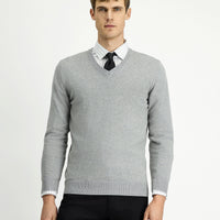 Light Grey Melange V-Neck Regular Fit Cotton Cashmere Knit Sweater