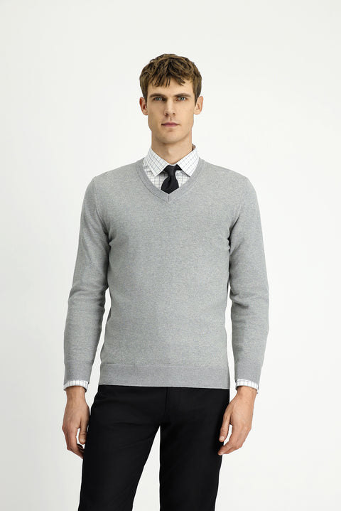 Light Grey Melange V-Neck Regular Fit Cotton Cashmere Knit Sweater