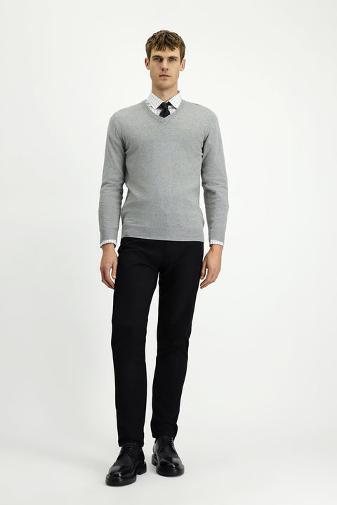 Light Grey Melange V-Neck Regular Fit Cotton Cashmere Knit Sweater