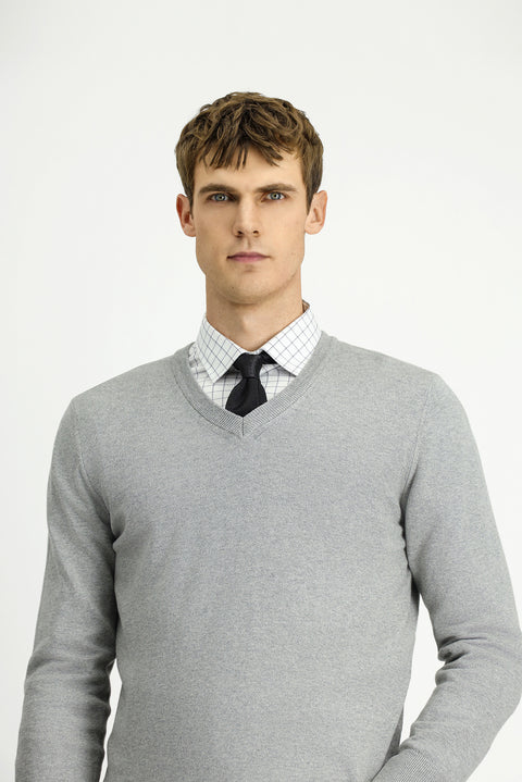 Light Grey Melange V-Neck Regular Fit Cotton Cashmere Knit Sweater