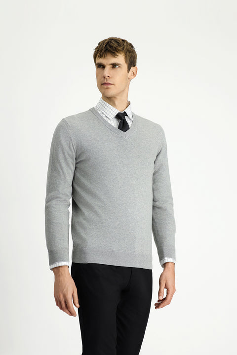 Light Grey Melange V-Neck Regular Fit Cotton Cashmere Knit Sweater