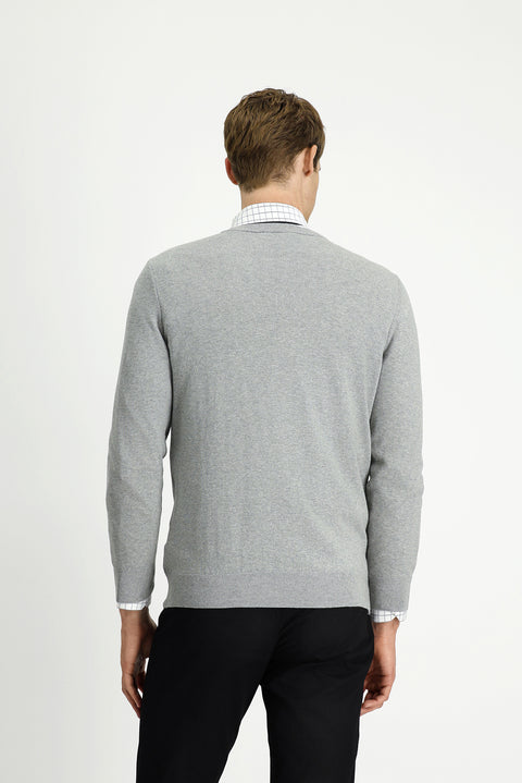 Light Grey Melange V-Neck Regular Fit Cotton Cashmere Knit Sweater