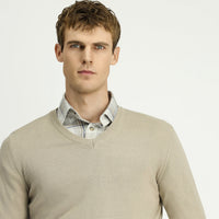Medium Mink V-Neck Regular Fit Cotton Cashmere Knit Sweater