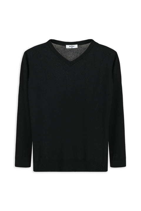 Black V-Neck Regular Fit Warm Wool Knit Sweater