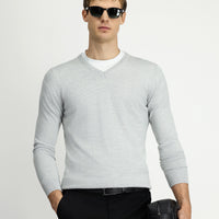 Light Grey Melange V-Neck Regular Fit Warm Wool Knit Sweater