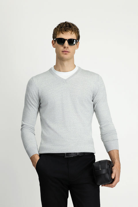 Light Grey Melange V-Neck Regular Fit Warm Wool Knit Sweater