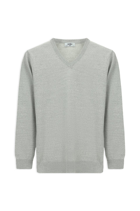 Light Grey Melange V-Neck Regular Fit Warm Wool Knit Sweater